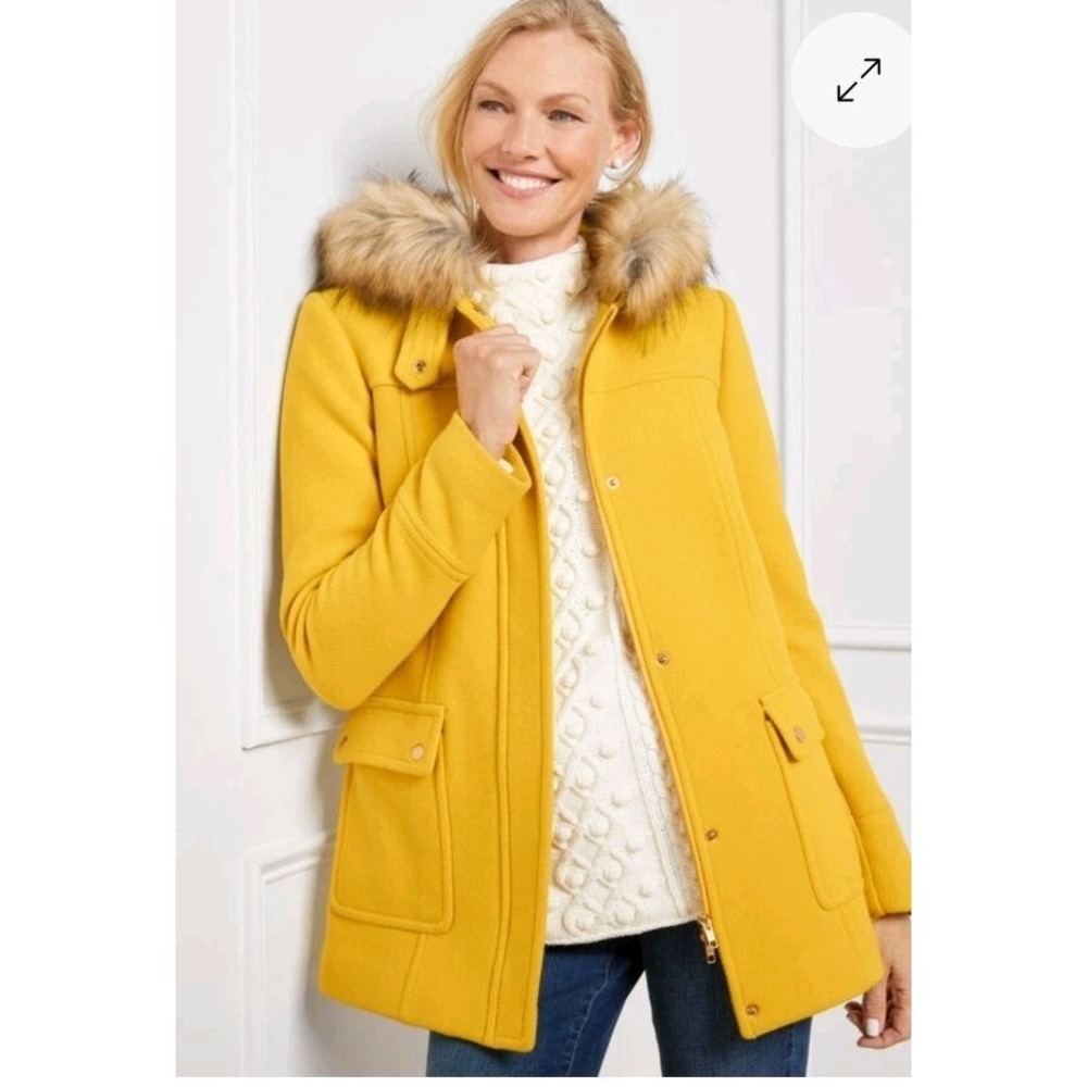 Talbots Faux Fur Hooded Parka Wool Yellow L Winter Coat Italy Quiet‎ Luxury